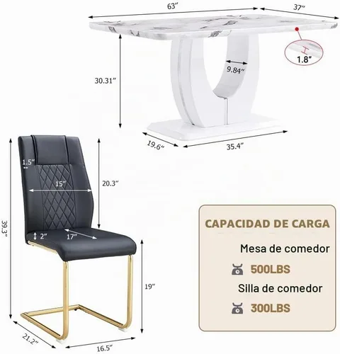 Vista 2 de JUFU Juego de mesa de comedor moderno para 4, juego de mesa de cocina rectangular de 63 pulgadas con mesa de mármol sintético y 4 sillas tapizadas