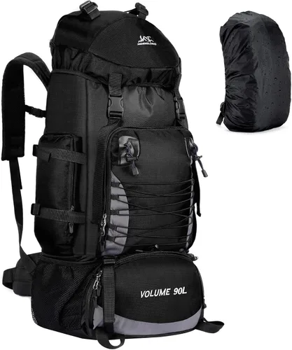Vista 7 de Mochila de senderismo de 90L, bolsa de camping impermeable con cubierta de lluvia, mochila ligera para mochileros, sin marco Verde militar