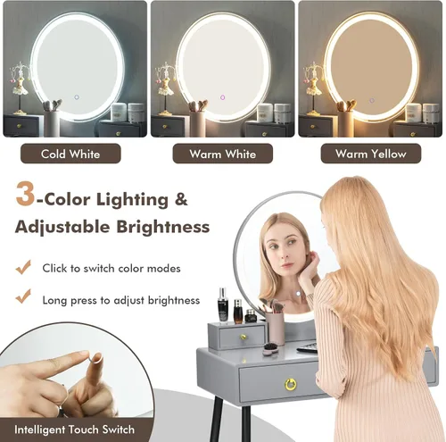 Vista 4 de COSTWAY Juego de tocador con espejo y luces, tocador de maquillaje con 3 modos de iluminación de color y brillo ajustable, espejo de tocador