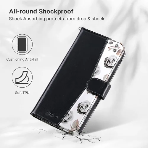 Vista 5 de ULAK Funda tipo billetera compatible con iPhone 15 para mujeres, funda tipo cartera con estampado floral de piel PU premium con porta tarjetas