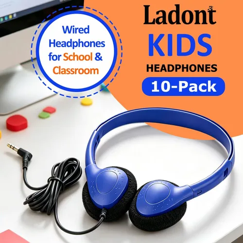 Vista 2 de Paquete de 10 auriculares para niños a granel para el aula escolar, auriculares multicolor con cable para estudiantes, auriculares ajustables