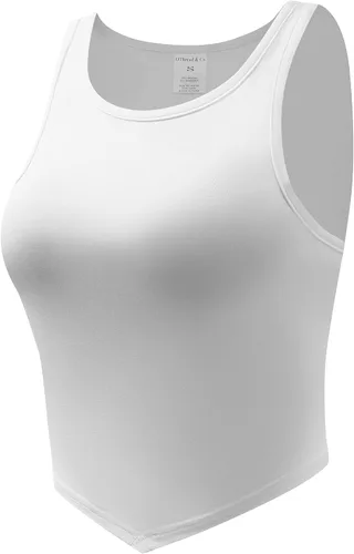 Vista 2 de OThread & Co. Camiseta corta sin mangas con cuello redondo para mujer, dobladillo asimétrico, básica, cómoda, elástica
