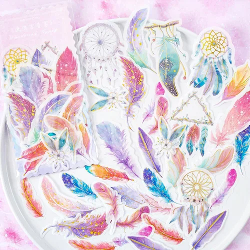 Vista 3 de Yoksas 60 calcomanías de plumas bohemias Gypsy Washi – Fantasía de bronce estético, papel japonés, álbum de recortes, calcomanías decorativas
