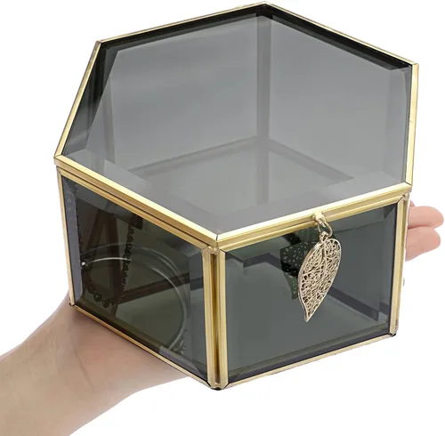 Vista 8 de ELLDOO Joyero de cristal negro organizador de joyería hexagonal con ribete dorado caja de recuerdo decoración decorativa caja de vidrio con tapa
