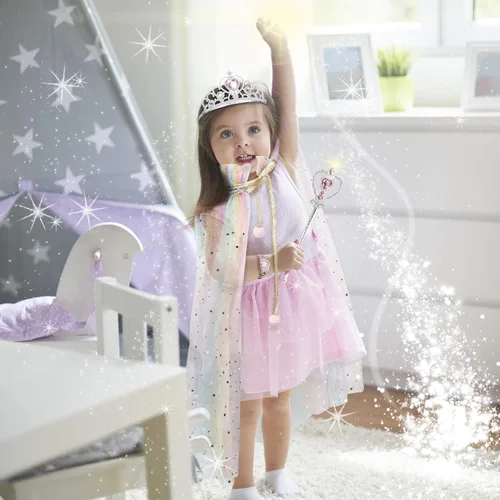 Vista 3 de Fedio Juego de capa de princesa, 7 piezas, capa de princesa con corona de tiara, varita para niñas pequeñas (arcoíris)