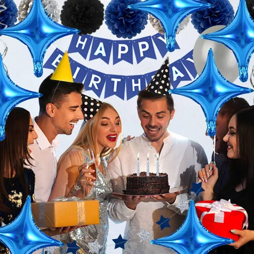 Vista 5 de BEISHIDA 30 globos azules de papel de aluminio de estrella de cuatro Cuatro Ángulos Estrella Azul