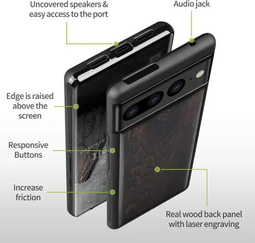 Vista 6 de Carveit Funda de madera para Pixel 7 Pro [madera natural y TPU suave negro] a prueba de golpes, funda de madera única y elegante compatible