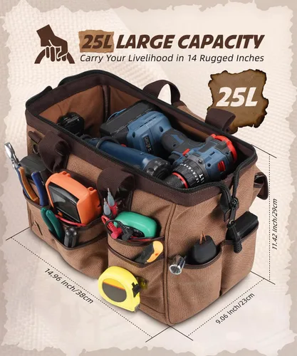 Vista 2 de ARCFOX Bolsa de herramientas portátil de 14 pulgadas para electricistas con 21 bolsillos - Bolsas de herramientas de lona resistente de 16OZ