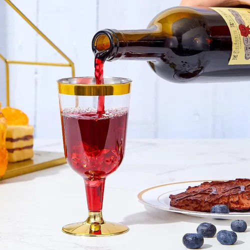Vista 3 de N9R 30 copas de vino de plástico desechables, copas de borde dorado de 6 onzas con tallo Tazas doradas para tostar, copas de champán, resistentes