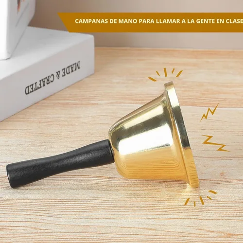 Vista 6 de MROCO Campana de mano dorada, campana de llamada de acero para aula y Dorado