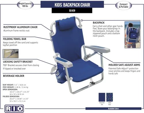 Vista 9 de Rio Beach - Silla de playa plegable de 5 posiciones para niños, color azul