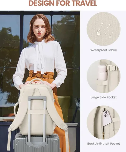 Vista 6 de LOVEVOOK Mochila de viaje para mujer y hombre, Beige, Mochilas de viaje