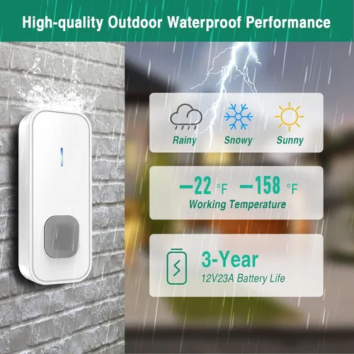 Vista 5 de SURFOU Timbre inalámbrico, impermeable, fácil instalación - alcance de 1300 pies, 55 tonos, 5 niveles de volumen ajustables - flash LED