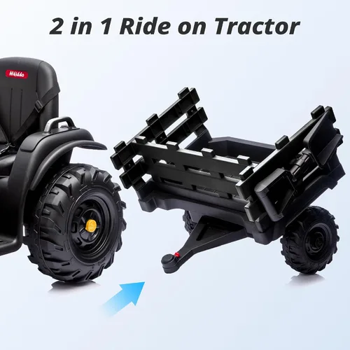 Vista 6 de Hikiddo Juguete tractor de paseo para niños de 24 V, tractor eléctrico para niños de 3 a 8 años con remolque, motores de 2 x 200 W, color negro