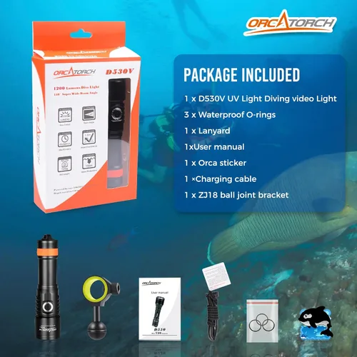Vista 5 de ORCATORCH Luz de buceo de fluorescencia UV D530V 395nm con montaje de luz ultravioleta