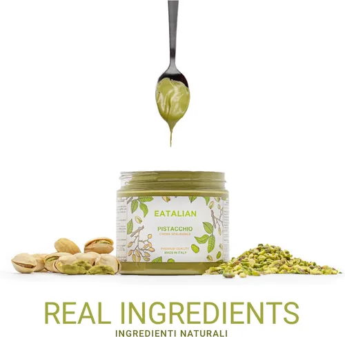 Vista 3 de EATALIAN by AMZ BETTER Crema de Pistacho, 7oz/200 gr, pasta de pistacho untable, sabor dulce y único, ideal para pan, para pasteles, postres