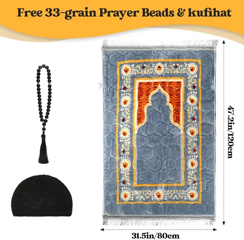 Vista 2 de Alfombra de oración musulmana con cuentas de oración Tasbih y sombrero de kufi, acolchada muy gruesa, alfombra de oración para hombres y mujeres