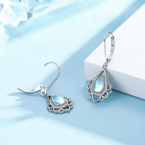 Vista 5 de OHAYOO Aretes de loto de piedra lunar para mujer, plata de ley 925, diseño de flor de loto, aretes colgantes para citas, regalos de joyería