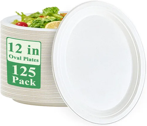 Vista 8 de Vplus Platos de papel ovalados 100% compostables de 10 pulgadas, paquete de 125 platos de papel desechables súper fuertes, bagazo, natural