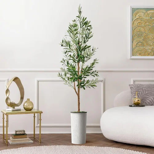 Vista 13 de Árbol artificial en macetero con efecto de mármol blanco, palmera tropical areca artificial de seda para decoración del hogar en interiores