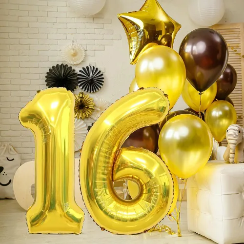 Vista 6 de Globos dorados de 40 pulgadas con números y letras del número 16, decoraciones de cumpleaños de 16 para niños, globos del número 6 y 1 incluidos Oro