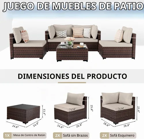 Vista 2 de UPHA Juego de muebles de mimbre para patio de 5 piezas con mesa auxiliar Cojín de ratán marrón y beige