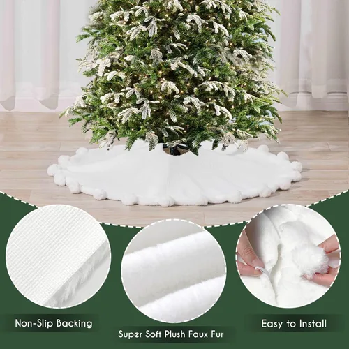 Vista 7 de ORTIGIA Falda blanca para árbol de Navidad de 48 pulgadas con POM POM, falda de árbol de Navidad de felpa suave de piel sintética blanca para árbol