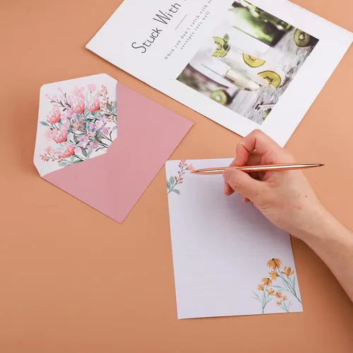 Vista 4 de 24 piezas de papel de escritura floral, con 12 sobres de papel floral, exquisito papel de escritura y sobres, juego de papel de escritura con líneas