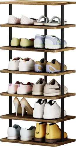 Vista 9 de AZERPIAN Zapatero de 7 niveles, organizador de almacenamiento vertical estrecho de metal delgado moderno, torre de zapatos de pie que ahorra espacio