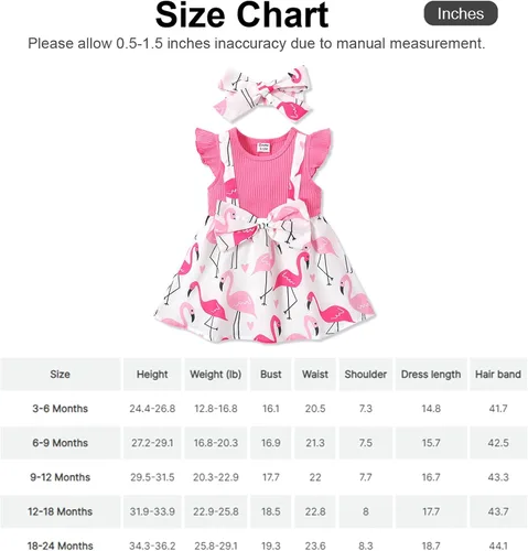 Vista 7 de PATPAT Vestido para bebé recién nacida, manga con volantes, vestido con tirantes y diadema con lazo, talla 3M-3T