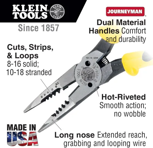 Vista 2 de Klein Tools J206-8C Alicates de punta larga multiuso con resorte, fabricados en Estados Unidos, acero forjado con mangos Journeyman de material dual