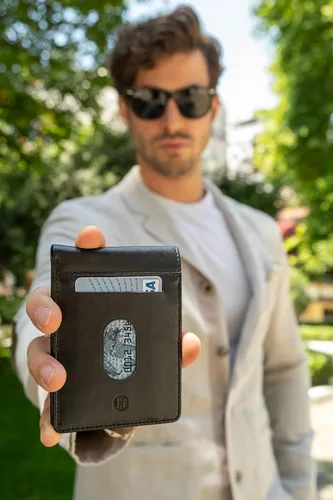 Vista 6 de TRUSADOR Trento - Cartera delgada de piel con diseño minimalista y plegable con bloqueo RFID y caja de regalo, Negro -, Con bolsillo para monedas