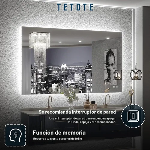 Vista 6 de TETOTE - Espejo retroiluminado para baño con luz, botón táctil regulable y función antivaho (horizontal o vertical)