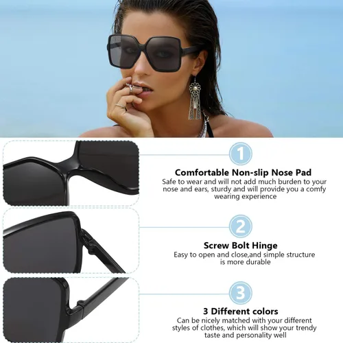 Vista 3 de 3 pares de gafas de sol cuadradas de gran tamaño para mujer, grandes y anchas, vintage