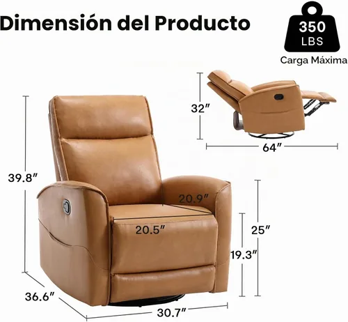 Vista 2 de CANMOV - Silla reclinable de piel sintética, silla reclinable giratoria de 360°, reclinable manual para espacios pequeños, sala de estar Marrón