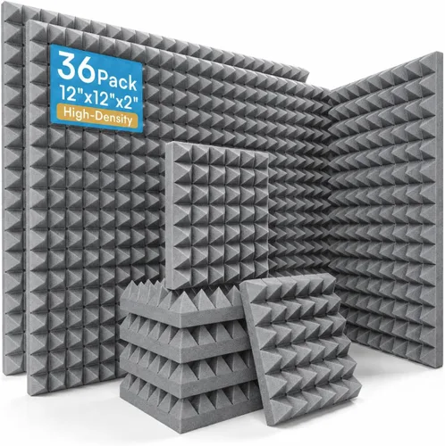 Vista 13 de Paquete de 24 paneles de espuma acústica piramidal, 12 x 12 x 2 pulgadas, color negro Retardante de llama, 66.1 lbs/m³ de alta densidad, 2