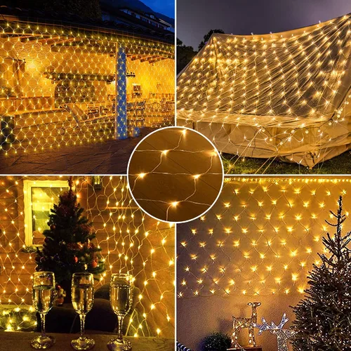 Vista 3 de kemooie 198 luces LED de red de Navidad, 9.8 pies x 6.6 pies, luces de malla enchufables, conectables, 8 modos de parpadeo, luces de cadena