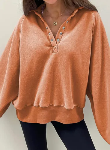Vista 4 de Dokotoo Sudaderas de gran tamaño con cuello de botón para mujer, manga de farol, holgadas, para mujer