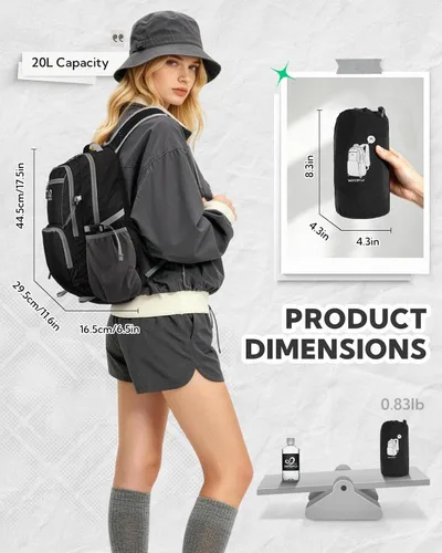 Vista 7 de WATERFLY Packable Hiking Backpack, 20L Small Lightweight Foldable Daypack Black