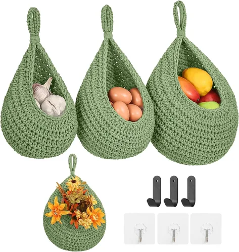 Vista 10 de Cestas de frutas bohemias para colgar en la pared para cocina, paquete de 3 soportes tejidos con 6 ganchos fuertes, cesta colgante de verduras