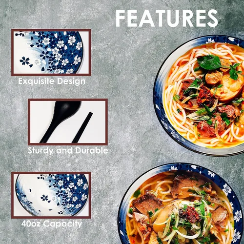 Vista 4 de Juego de cuencos de cerámica para ramen – 8 piezas – Tazones de ramen japonés grandes de 40 onzas, cucharas, palillos y soportes para palillos