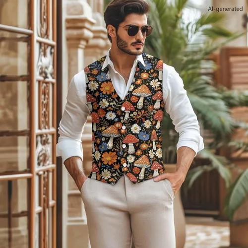 Vista 2 de TODIYADDU Single Breasted Sleeveless Vest for Men Tuxedo Vest Mushroom