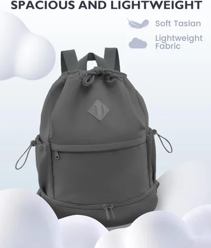 Vista 7 de Mochila deportiva con cordón, bolsa de gimnasio con compartimento para zapatos y bolsillo húmedo, bolsa de natación para mujeres y hombres, mochila