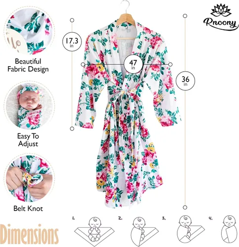 Vista 4 de RNOONY Mommy and Me Robe and Swaddle Set, Maternity Robe for Hospital-Delivery, Mom and Baby Matching Outfits Hospital