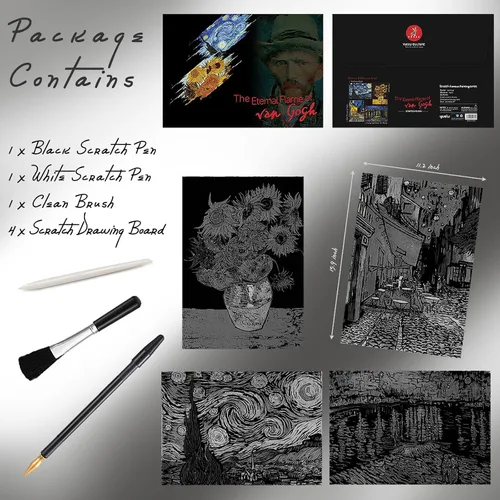 Vista 2 de Scratch Art - Papel de pintura arco iris, 4 piezas de Vincent Van Gogh grabado arte y manualidades, tarjeta de dibujo para adolescentes y adultos