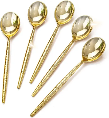 Vista 11 de U-QE 180 cucharas de plástico doradas, cucharas desechables de plástico resistente, cucharas de plástico pesadas, cubiertos de plástico dorado