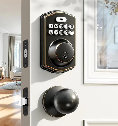 Vista 10 de Veise Cerradura de puerta de entrada sin llave con 2 perillas, cerrojo electrónico retroiluminado con asa, bloqueo automático, códigos únicos, Negro