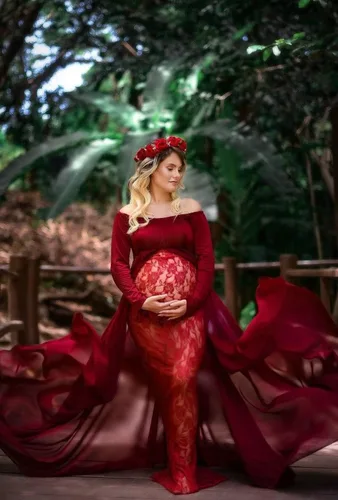 Vista 6 de ZIUMUDY Vestido de sesión de fotos de maternidad de manga larga con hombros descubiertos, vestido de encaje ajustado con capa larga de gasa trian