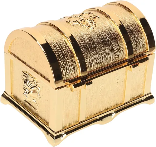 Vista 2 de Joyero de cofre del tesoro con terciopelo suave, caja de almacenamiento de joyas de metal dorado retro, joyero, anillos, aretes, collar, organizador