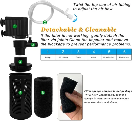 Vista 4 de DOMICA Filtro de acuario pequeño con sistema de aireación 92GPH 5W Filtro interno para tanque de peces de 3 a 10 galones, filtro sumergible